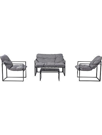 Rabat salon de jardin 4 places contemporain noir et coussins gris