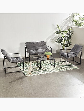 Rabat salon de jardin 4 places contemporain noir et coussins gris