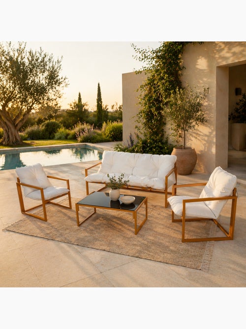 RABAT Salon de jardin 5 places contemporain marron et coussins beiges - Kiabi