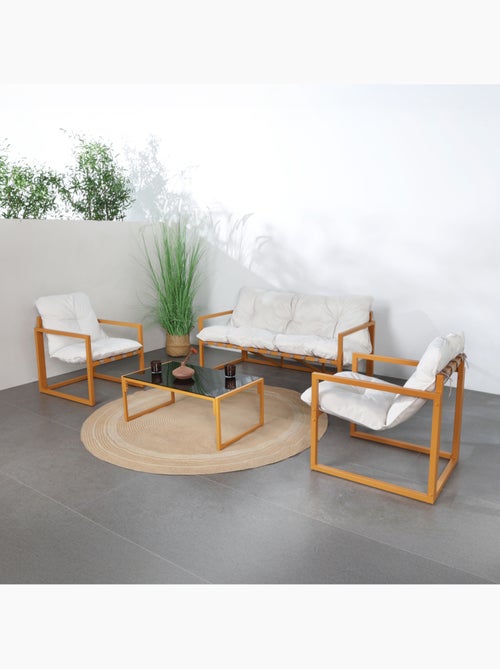 RABAT Salon de jardin 5 places contemporain marron et coussins beiges - Kiabi