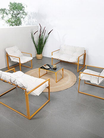 RABAT Salon de jardin 6 places contemporain marron et coussins beiges