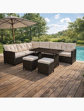 RABI Salon de jardin 9 places avec table en résine tressée marron et beige