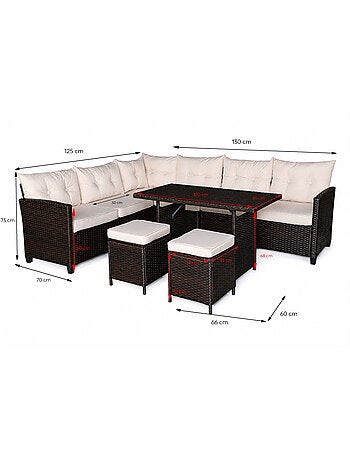 RABI Salon de jardin 9 places avec table en résine tressée marron et beige