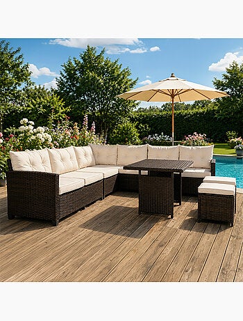 RABI Salon de jardin 9 places avec table en résine tressée marron et beige