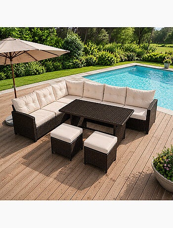 RABI Salon de jardin 9 places avec table en résine tressée marron et beige