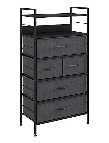 Rangement commode 5 tiroirs 2 étagères acier MDF non tissé noir