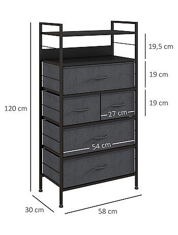 Rangement commode 5 tiroirs 2 étagères acier MDF non tissé noir
