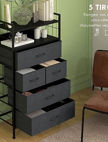 Rangement commode 5 tiroirs 2 étagères acier MDF non tissé noir