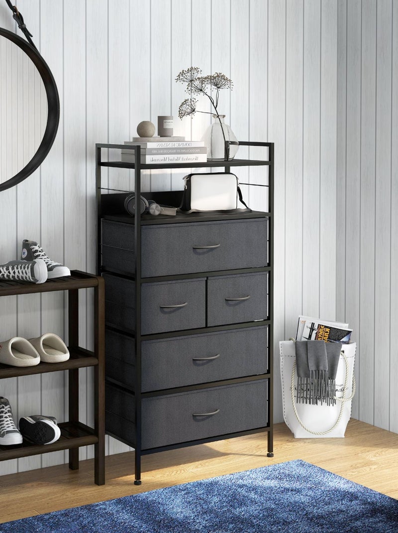 Rangement commode 5 tiroirs 2 étagères acier MDF non tissé noir Noir - Kiabi