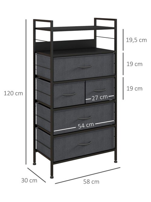 Rangement commode 5 tiroirs 2 étagères acier MDF non tissé noir - Kiabi