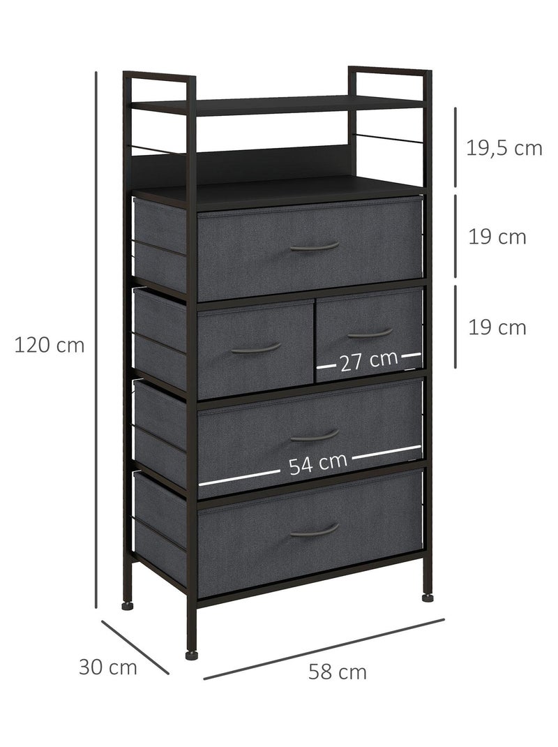 Rangement commode 5 tiroirs 2 étagères acier MDF non tissé noir Noir - Kiabi