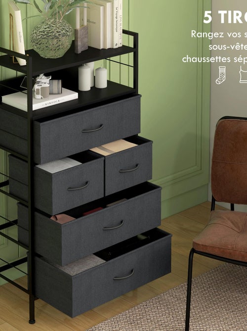 Rangement commode 5 tiroirs 2 étagères acier MDF non tissé noir - Kiabi
