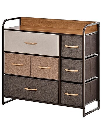 Rangement commode 7 tiroirs plateau aspect bois acier non tissé marron beige