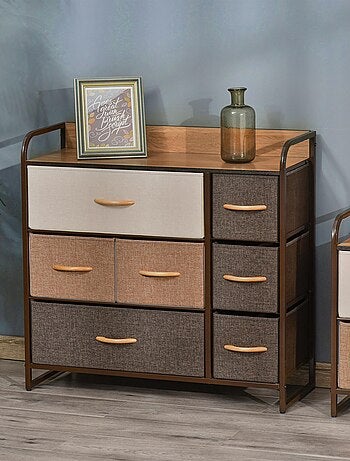 Rangement commode 7 tiroirs plateau aspect bois acier non tissé marron beige