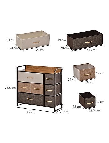 Rangement commode 7 tiroirs plateau aspect bois acier non tissé marron beige