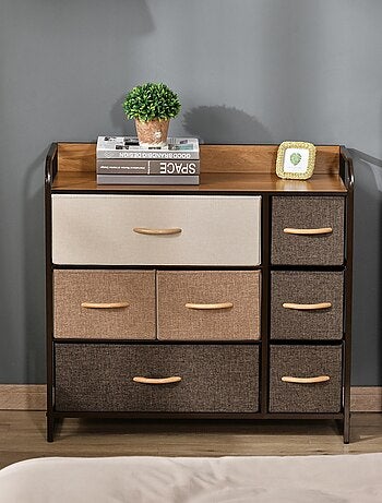 Rangement commode 7 tiroirs plateau aspect bois acier non tissé marron beige