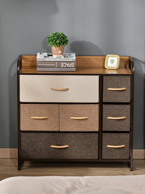 Rangement commode 7 tiroirs plateau aspect bois acier non tissé marron beige - Kiabi