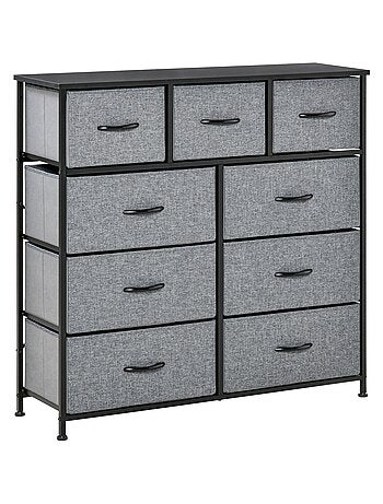 Rangement commode 9 tiroirs plateau acier MDF noir non tissé gris