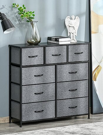 Rangement commode 9 tiroirs plateau acier MDF noir non tissé gris