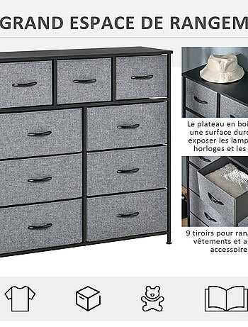 Rangement commode 9 tiroirs plateau acier MDF noir non tissé gris