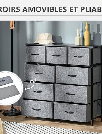 Rangement commode 9 tiroirs plateau acier MDF noir non tissé gris