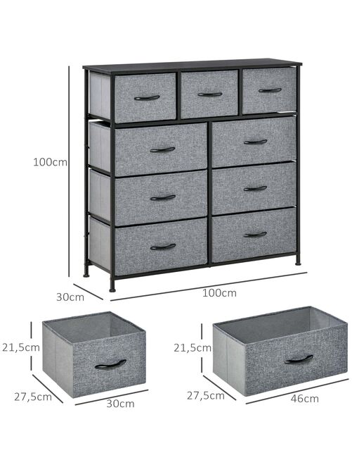 Rangement commode 9 tiroirs plateau acier MDF noir non tissé gris - Kiabi