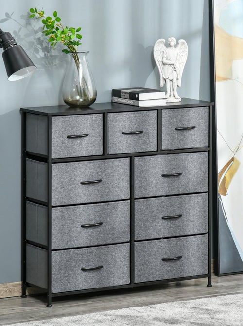 Rangement commode 9 tiroirs plateau acier MDF noir non tissé gris - Kiabi