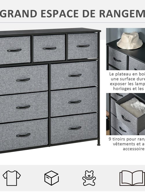 Rangement commode 9 tiroirs plateau acier MDF noir non tissé gris - Kiabi