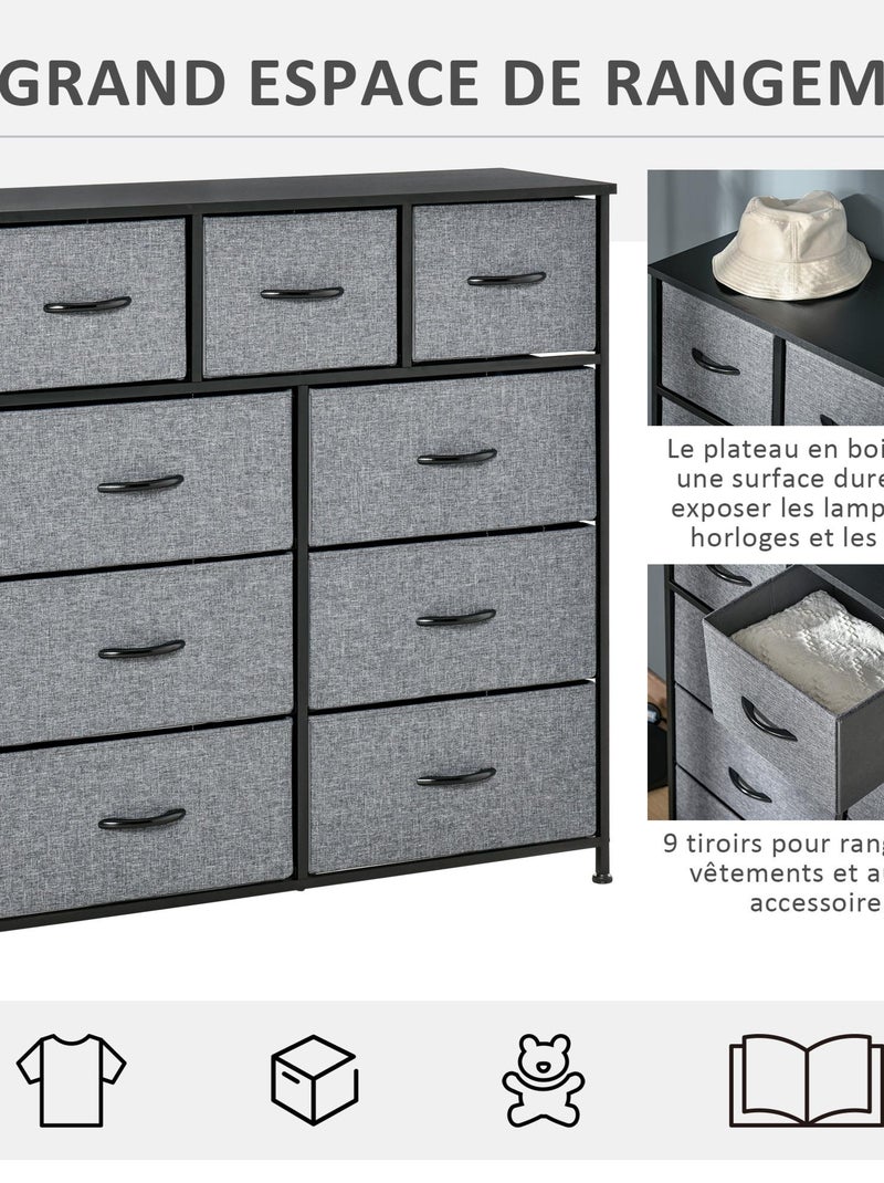Rangement commode 9 tiroirs plateau acier MDF noir non tissé gris Gris - Kiabi