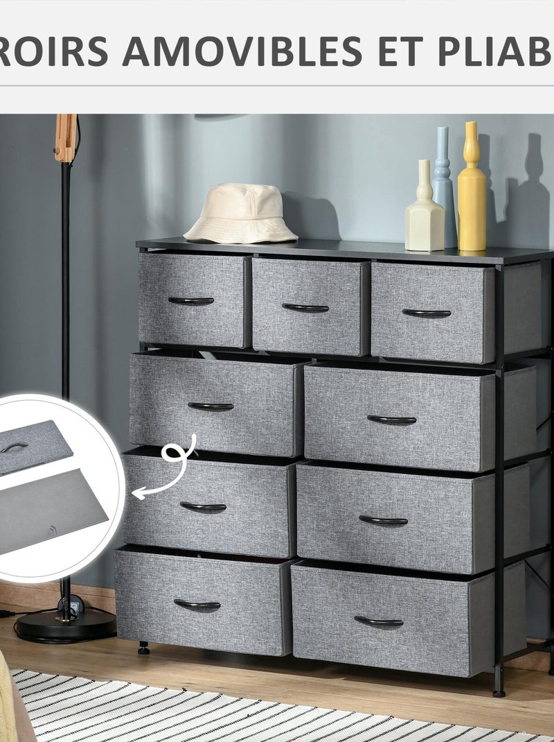 Rangement commode 9 tiroirs plateau acier MDF noir non tissé gris Gris - Kiabi