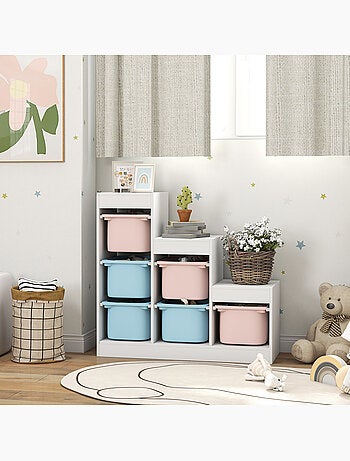 Rangement enfant - combinaison structure + bacs x 6 - blanc bleu rose
