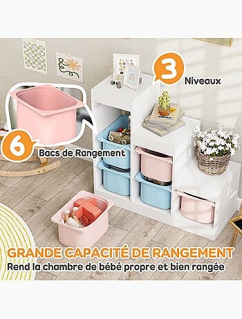 Rangement enfant - combinaison structure + bacs x 6 - blanc bleu rose