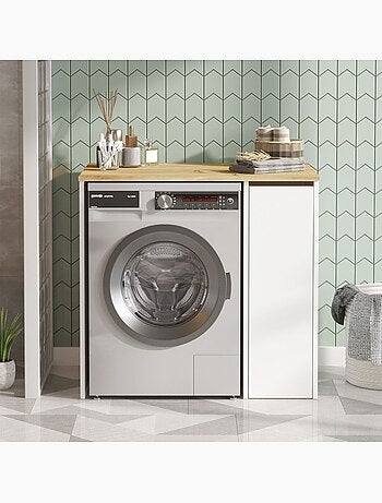 Rangement pour machine à laver avec plateau et placard latéral - Blanc