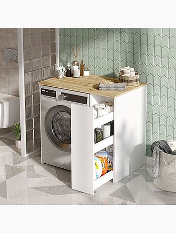 Rangement pour machine à laver avec plateau et placard latéral - Blanc