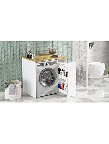 Rangement pour machine à laver avec plateau et placard latéral - Blanc