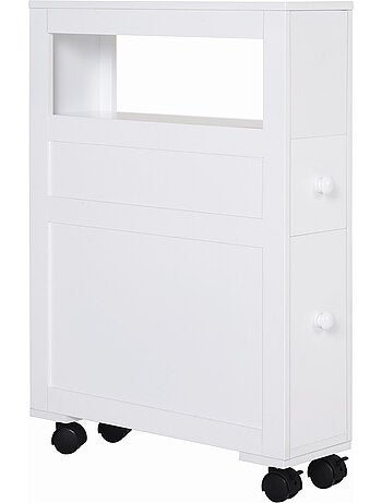 Rangement wc salle de bain mobile sur roulettes - 2 tiroirs, niche - mdf blanc