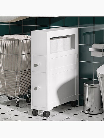 Rangement wc salle de bain mobile sur roulettes - 2 tiroirs, niche - mdf blanc