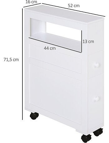 Rangement wc salle de bain mobile sur roulettes - 2 tiroirs, niche - mdf blanc