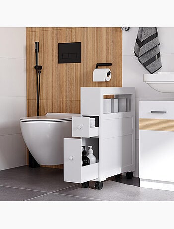 Rangement wc salle de bain mobile sur roulettes - 2 tiroirs, niche - mdf blanc