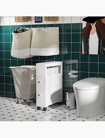 Rangement wc salle de bain mobile sur roulettes - 2 tiroirs, niche - mdf blanc