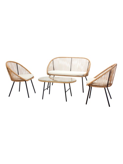 Ravello - Salon de jardin 4 places esprit rotin naturel et coussins beiges - Kiabi