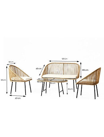 RAVELLO Salon de jardin 4 places avec table basse effet rotin naturel