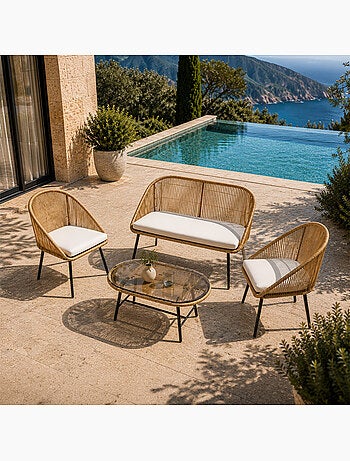 RAVELLO Salon de jardin 4 places avec table basse effet rotin naturel