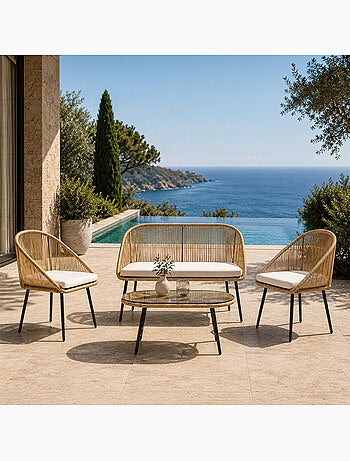 RAVELLO Salon de jardin 4 places avec table basse effet rotin naturel
