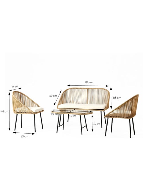 RAVELLO Salon de jardin 4 places avec table basse effet rotin naturel - Kiabi