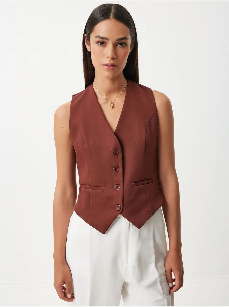Ravissant gilet court boutonné à col en v istanbul Marron chocolat - Kiabi