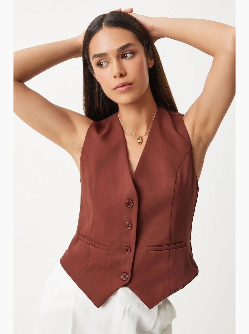 Ravissant gilet court boutonné à col en v istanbul Marron chocolat - Kiabi