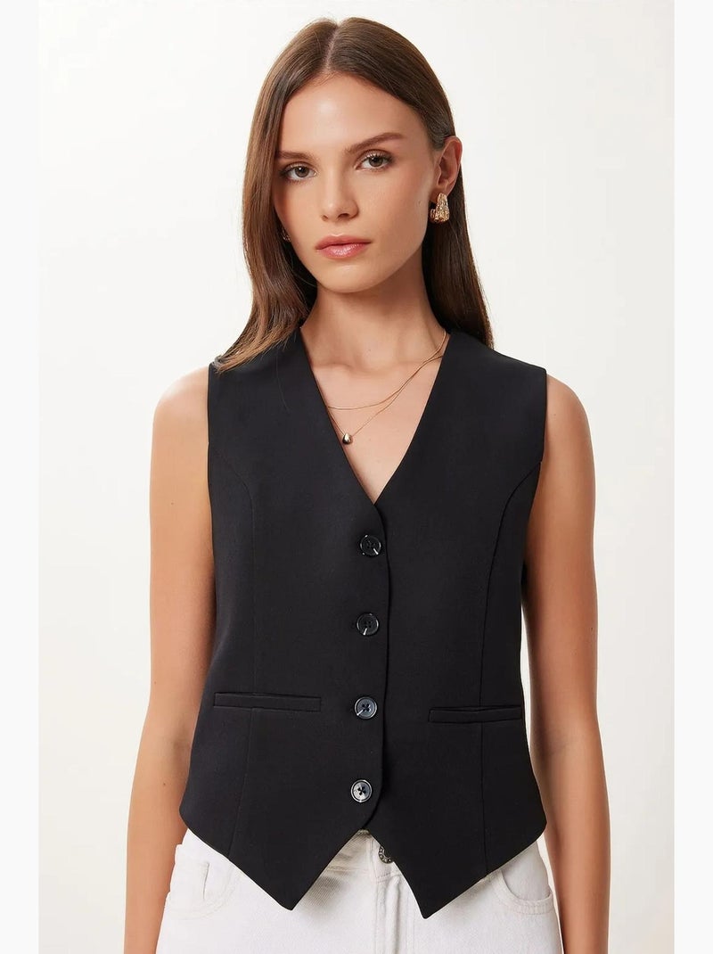 Ravissant gilet court boutonné à col en v istanbul Noir - Kiabi