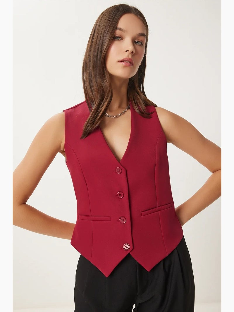 Ravissant gilet court boutonné à col en v istanbul Rouge bordeaux - Kiabi