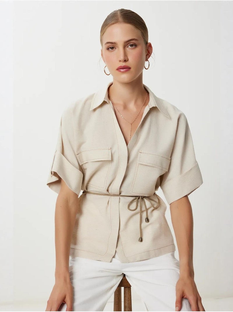 Ravissante chemise ample à cordon de serrage avec détails de bordure istanbul Beige argile - Kiabi
